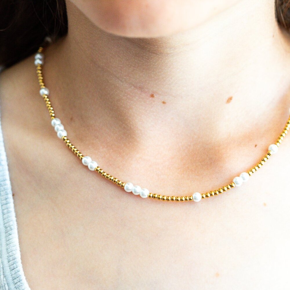 Gold Beaded Pearl Necklace Waterproof Gold Necklace Vacation Necklace Layering